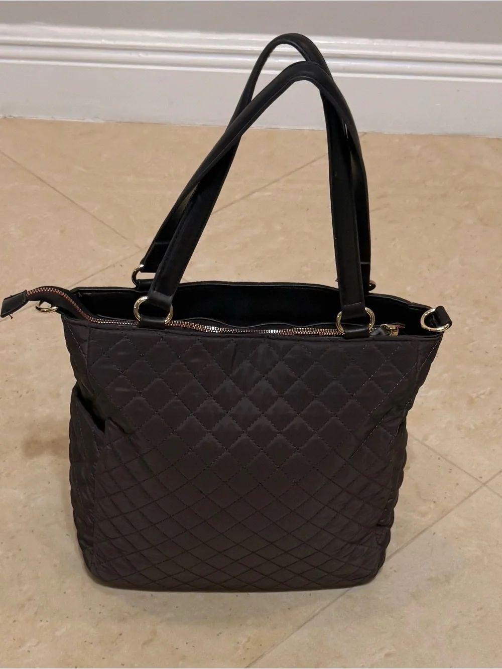 Adrienne Vittadini Quilted Black Tote Bag with Top Handles. Very Good Condition